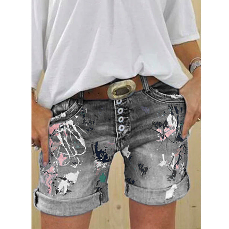 Women's Denim Breasted Slim Hot Half-length Printing Women's Jeans