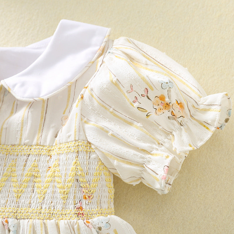 Women's Summer Puff Short Sleeve Smocking Shirt Sweet Breathable Princess Children's Dress