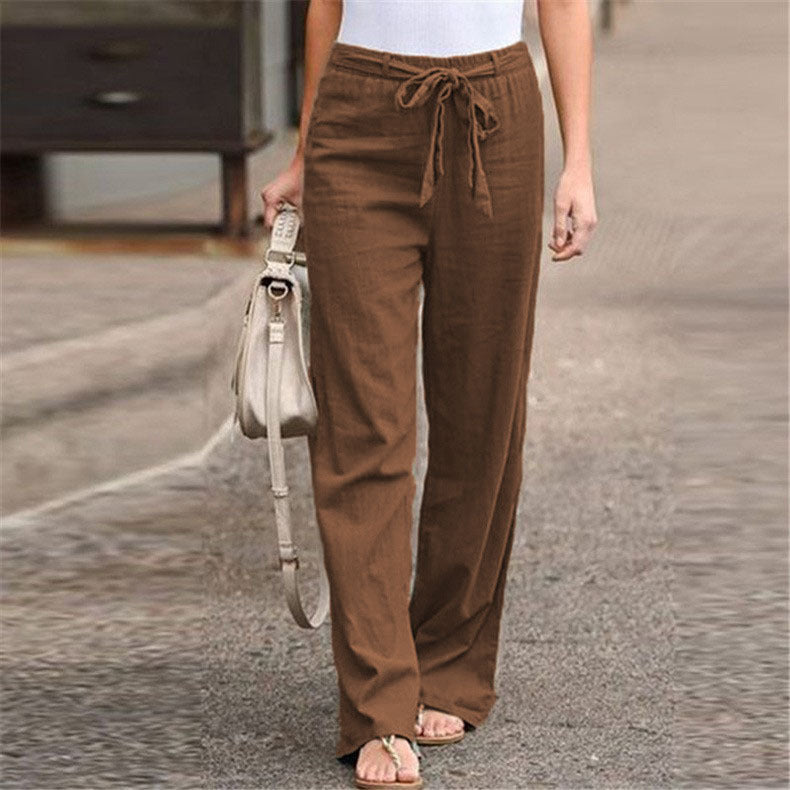 Women's Summer Elastic Waist Solid Color Cotton Linen Belt Wide Pants