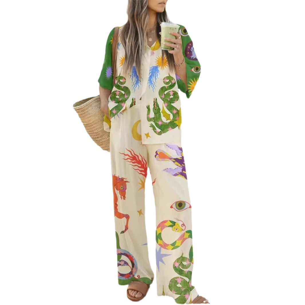 Women's Cartoon Printed Shirt Loose-fitting Trousers Set Fashion Casual Suit