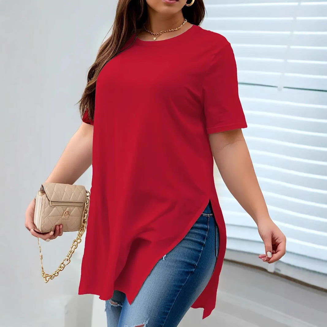 Versatile Women's Loose Slit Round Neck Tops