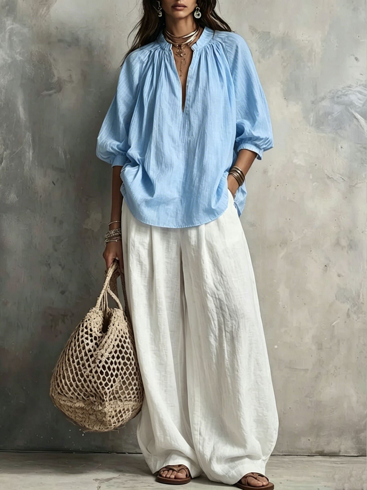 Shirt Loose Slimming Middle Sleeve Vacation Tops