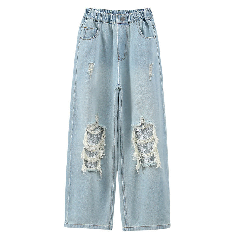 Children's Ripped Lace Jeans Straight Loose Slimming Children's Pants