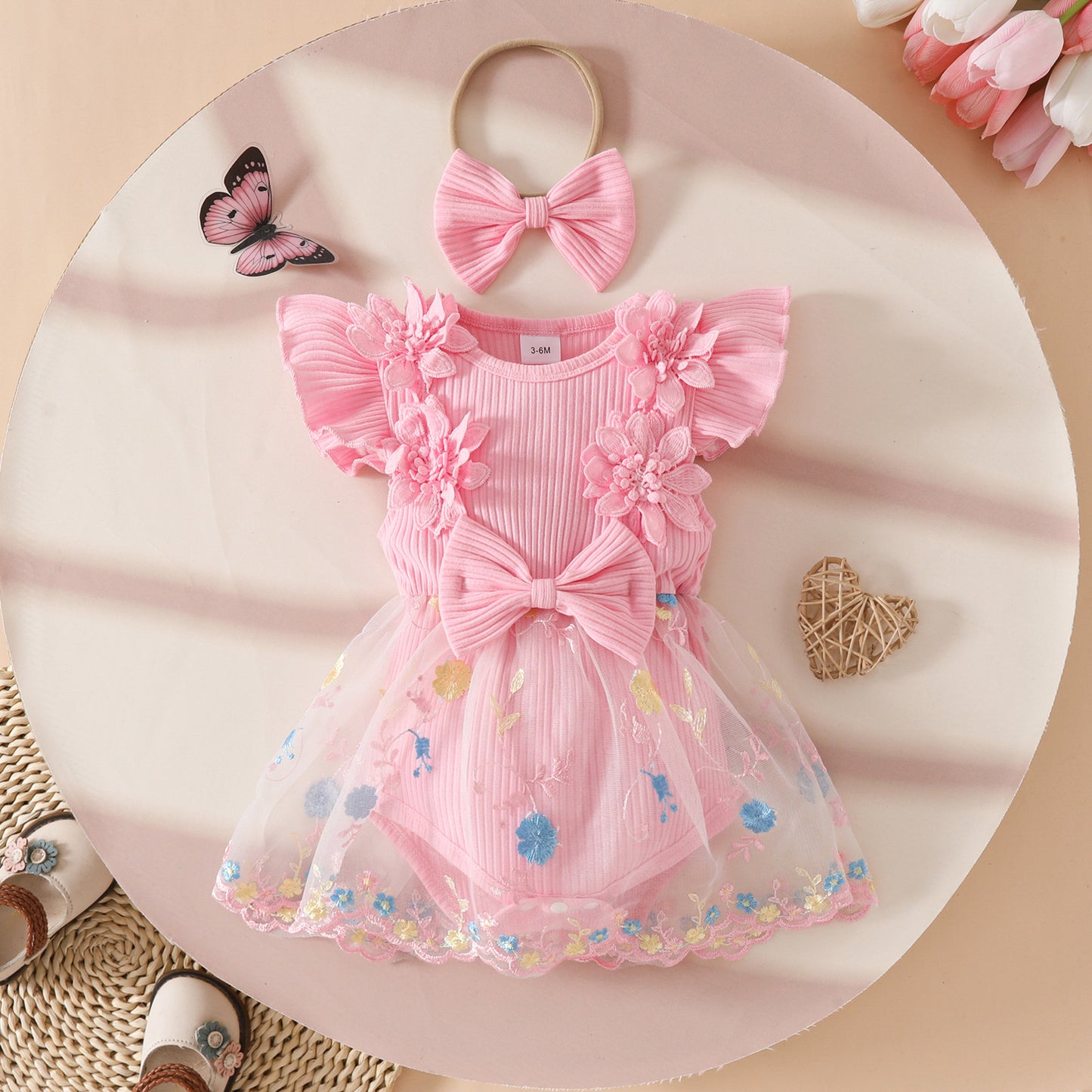 Flower Embroidery Mesh Princess Applique Sunken Stripe Children's Dress