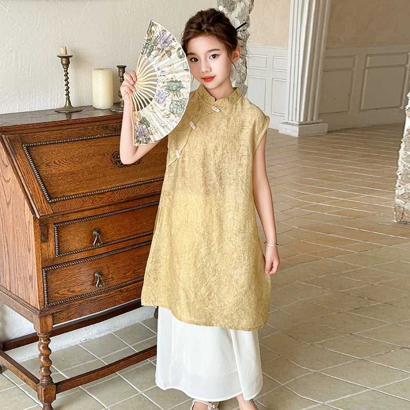 Children's Suits Summer National Sleeveless Cheongsam Dress Children's Suit