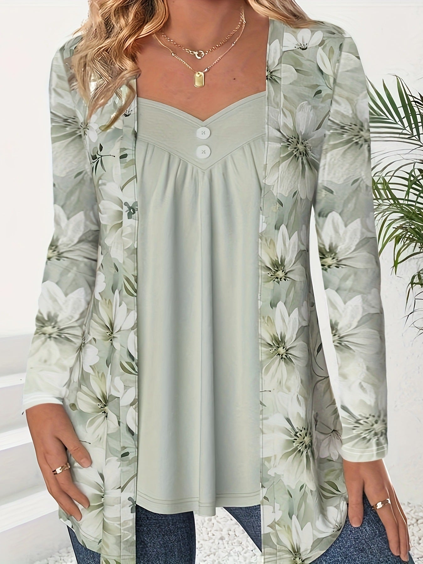 Women's Fake Two-piece Printed Fashion Button Long-sleeved Tops