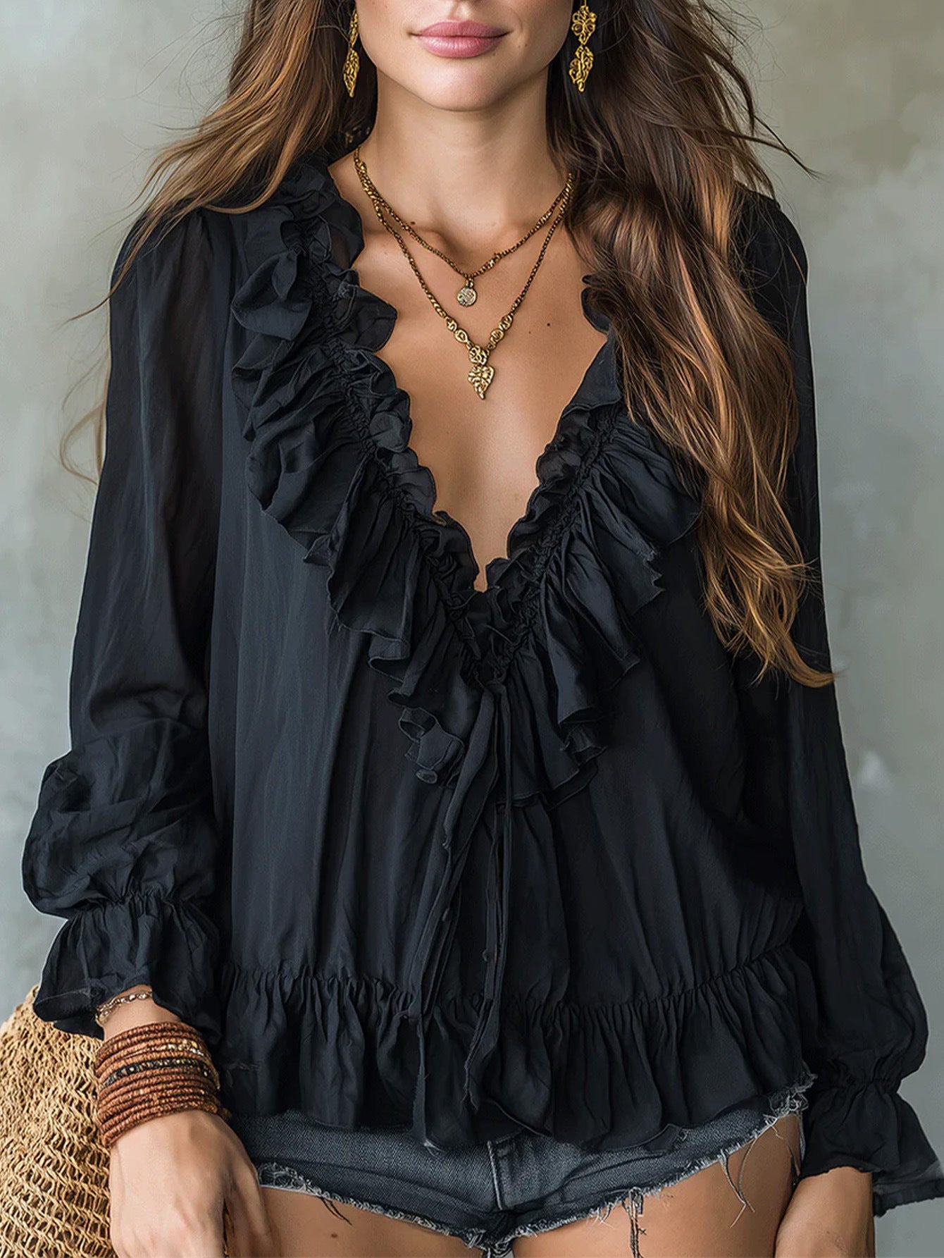 Women's Autumn Fashion Loose Flounce Long Sleeve Lace Shirt, Chiffon Shirt