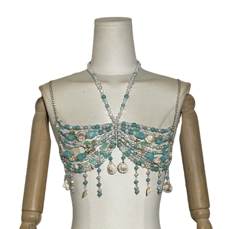 Fashion Beaded Halter Cut-out Gem Pearl Shell Backless Underwaist Sexy Tops