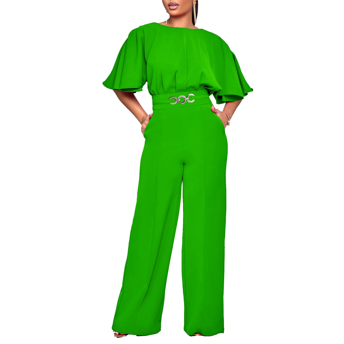 Women's Summer Fashion Round Neck Solid Color High Waist Jumpsuits