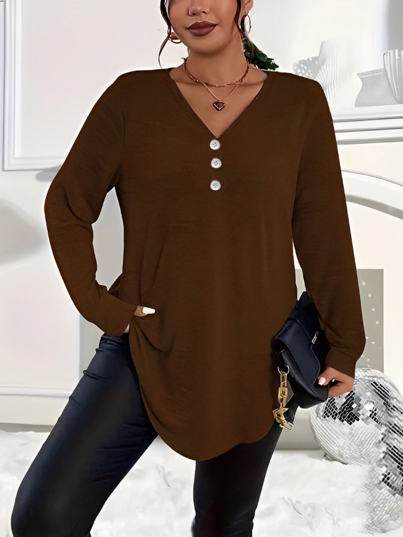 Women's Clothes Buttons Solid Color Long-sleeved Tops