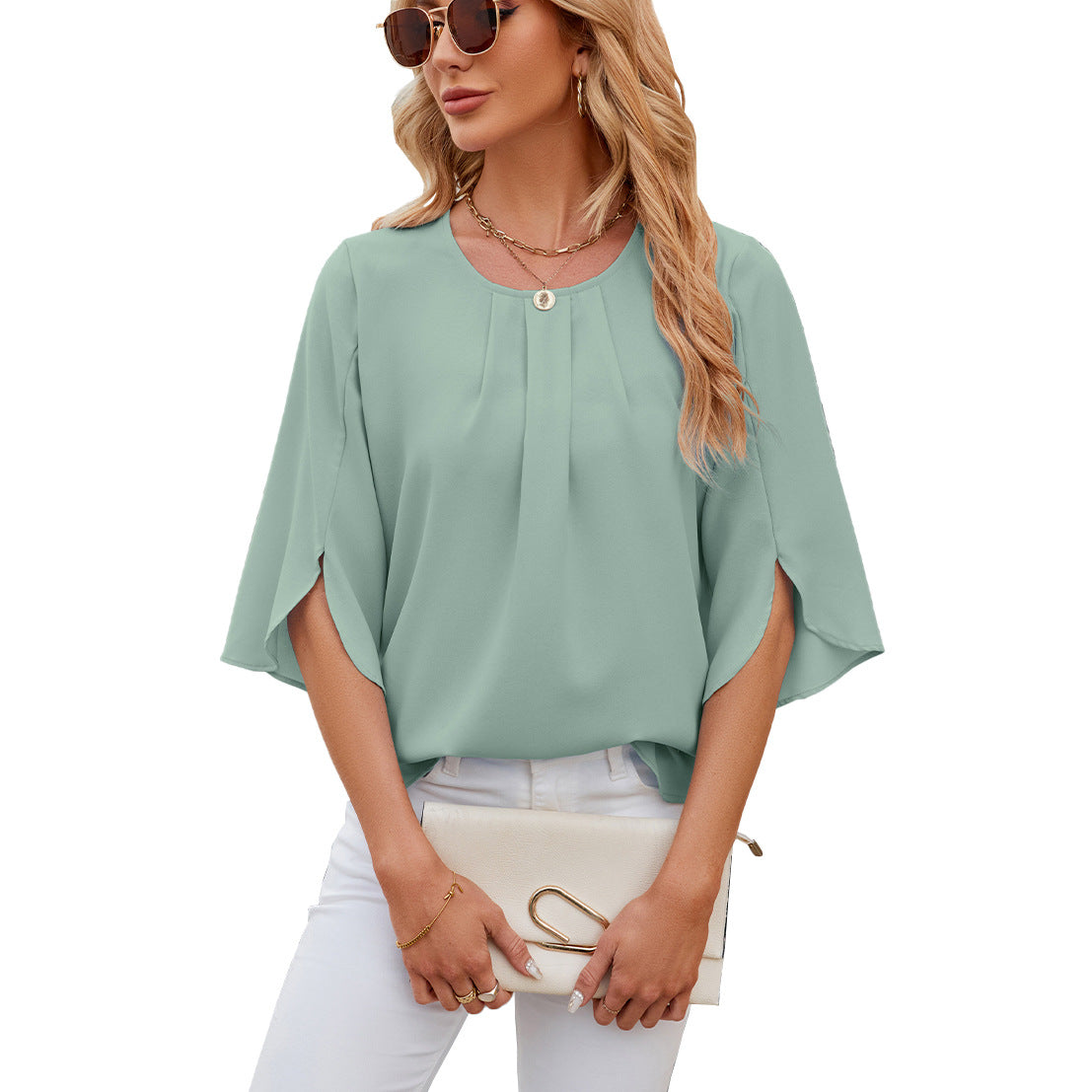 Women's Color Round Neck Half Sleeve Loose Lace Shirt, Chiffon Shirt