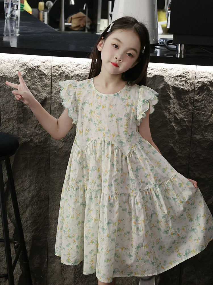 Children's Summer Princess Floral Cotton Flounced Sleeve Children's Dress
