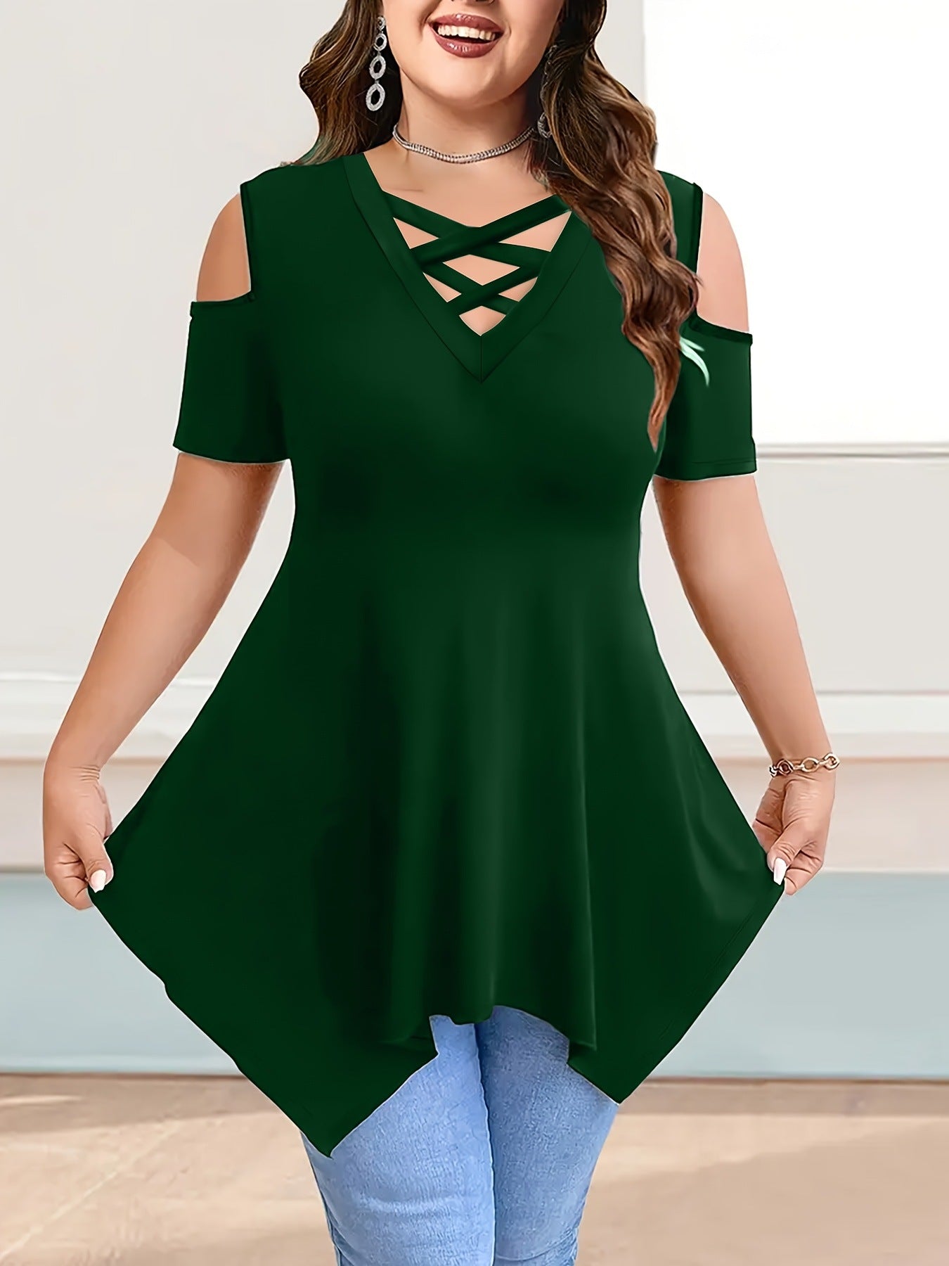 Women's Collar Cross Strap Sleeve Solid Color Tops