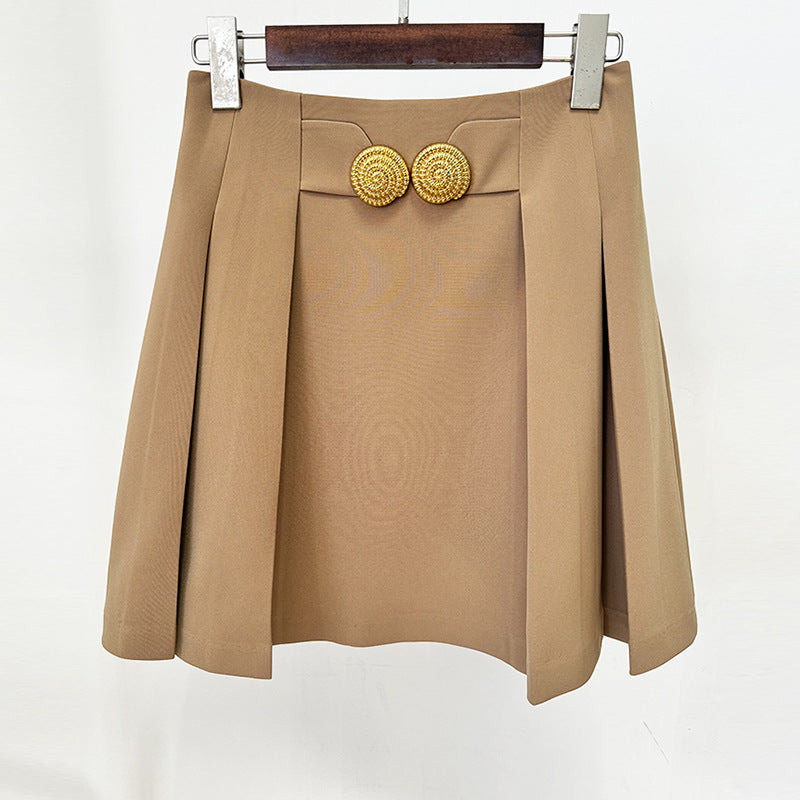 Fashion Large Metal Buckle Decorative Pleated Skirt