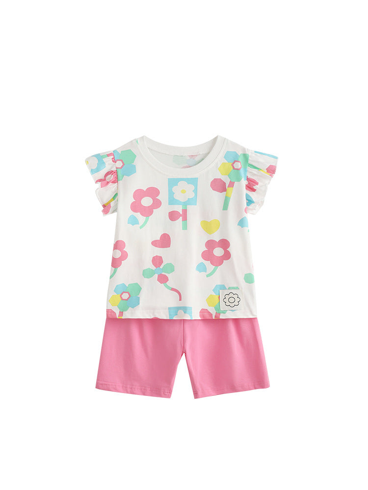 Summer Round Neck Short Sleeve Cute Little Two Children's Suit