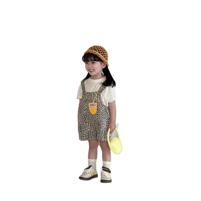 Children's Summer Soft Leopard Print Suspender Pants White T-shirt Children's Suit