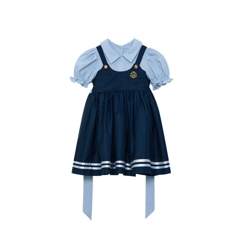 Summer Fake Two-piece Preppy Style Bubble Sleeve Children's Dress
