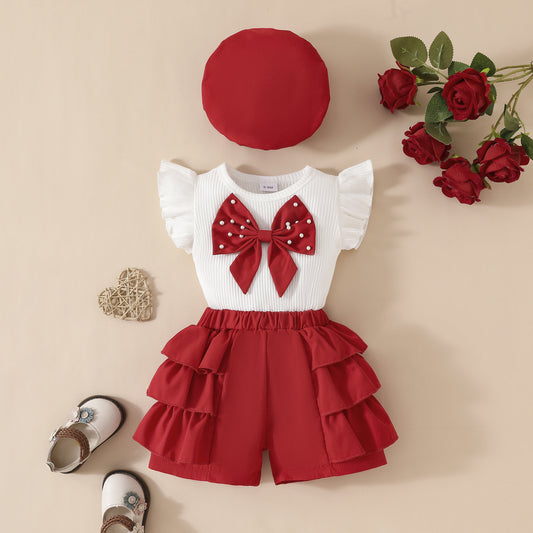 Big Bow Sleeveless Sunken Stripe Top Lace Shorts Beret Children's Suit