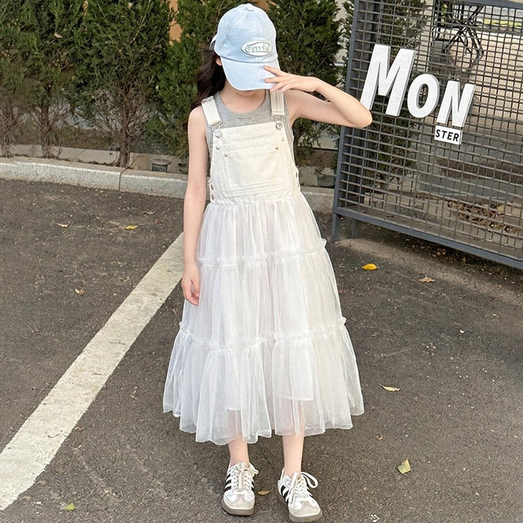 Mesh Suspender Skirt Outfit Summer Middle Big Korean Style Vest Children's Suit