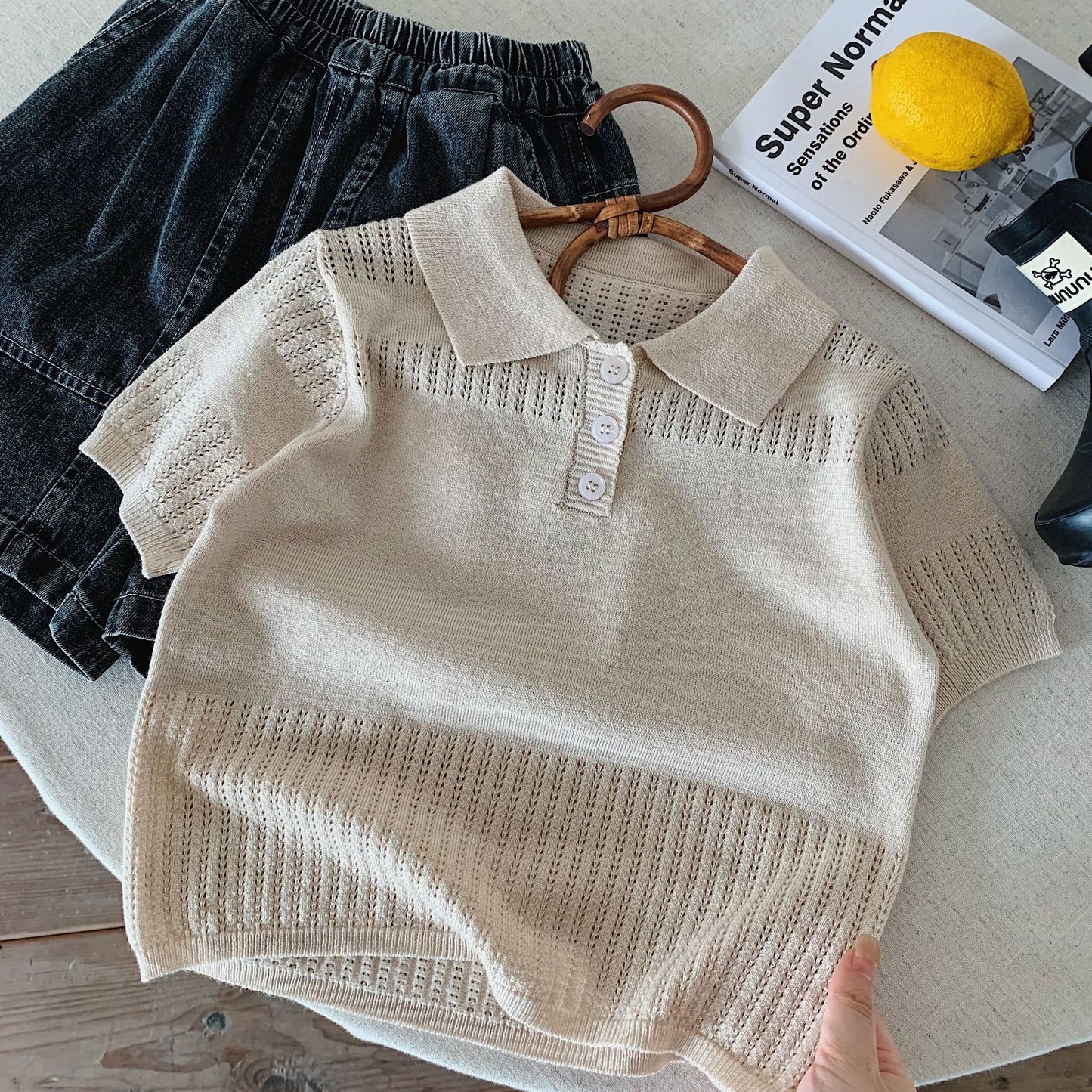 Children's Knitting Short Sleeve Shirt Summer Polo Collar Solid Color Thin Children's T-shirt