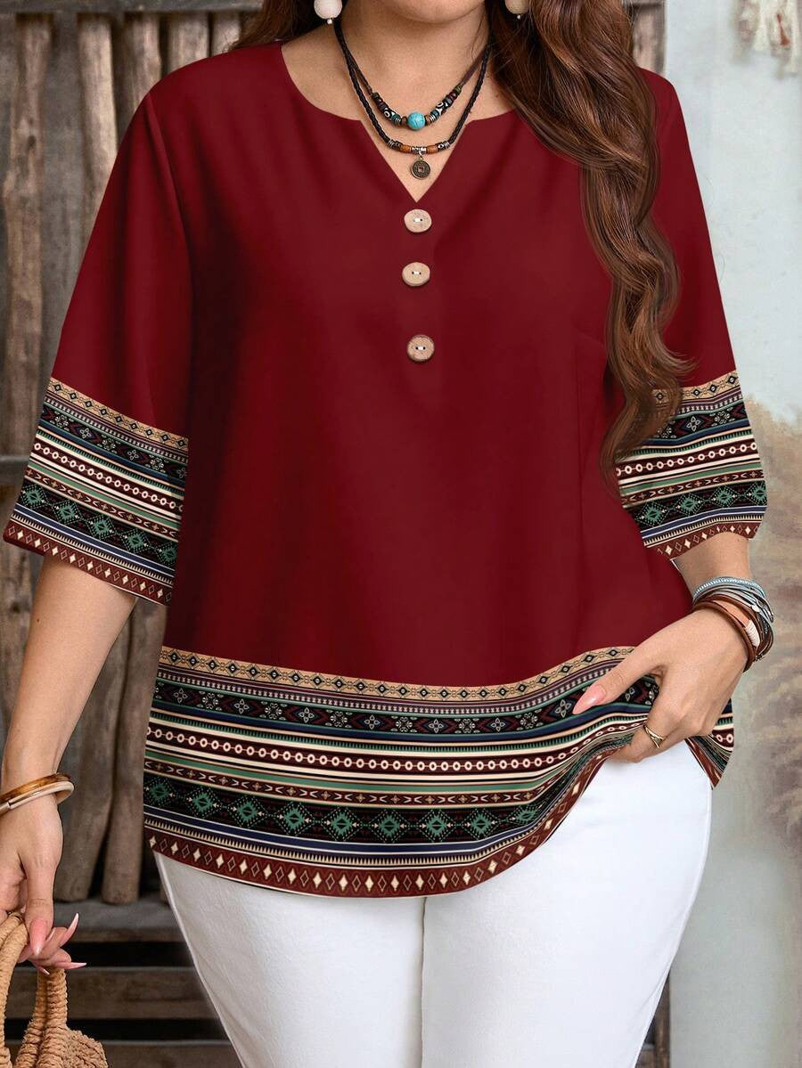 Women's Casual Printed Fastener Decoration Loose Sleeves Large Size T-shirt
