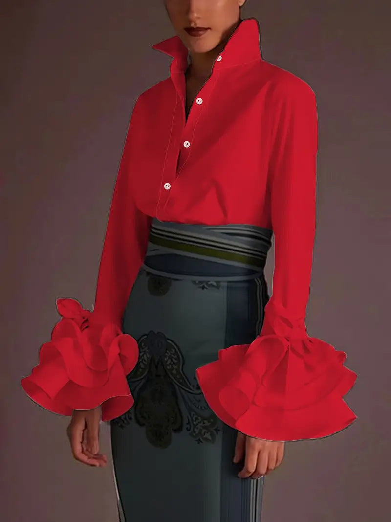 Women's Spring Fashionable Ruffle Cuff Lace Up Casual Blouse