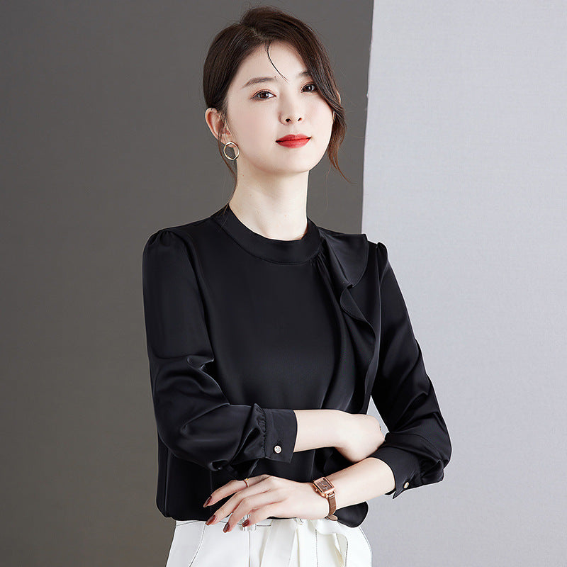 Women's Chic Ruffled Satin Shirt French Style Business Commuter Tops