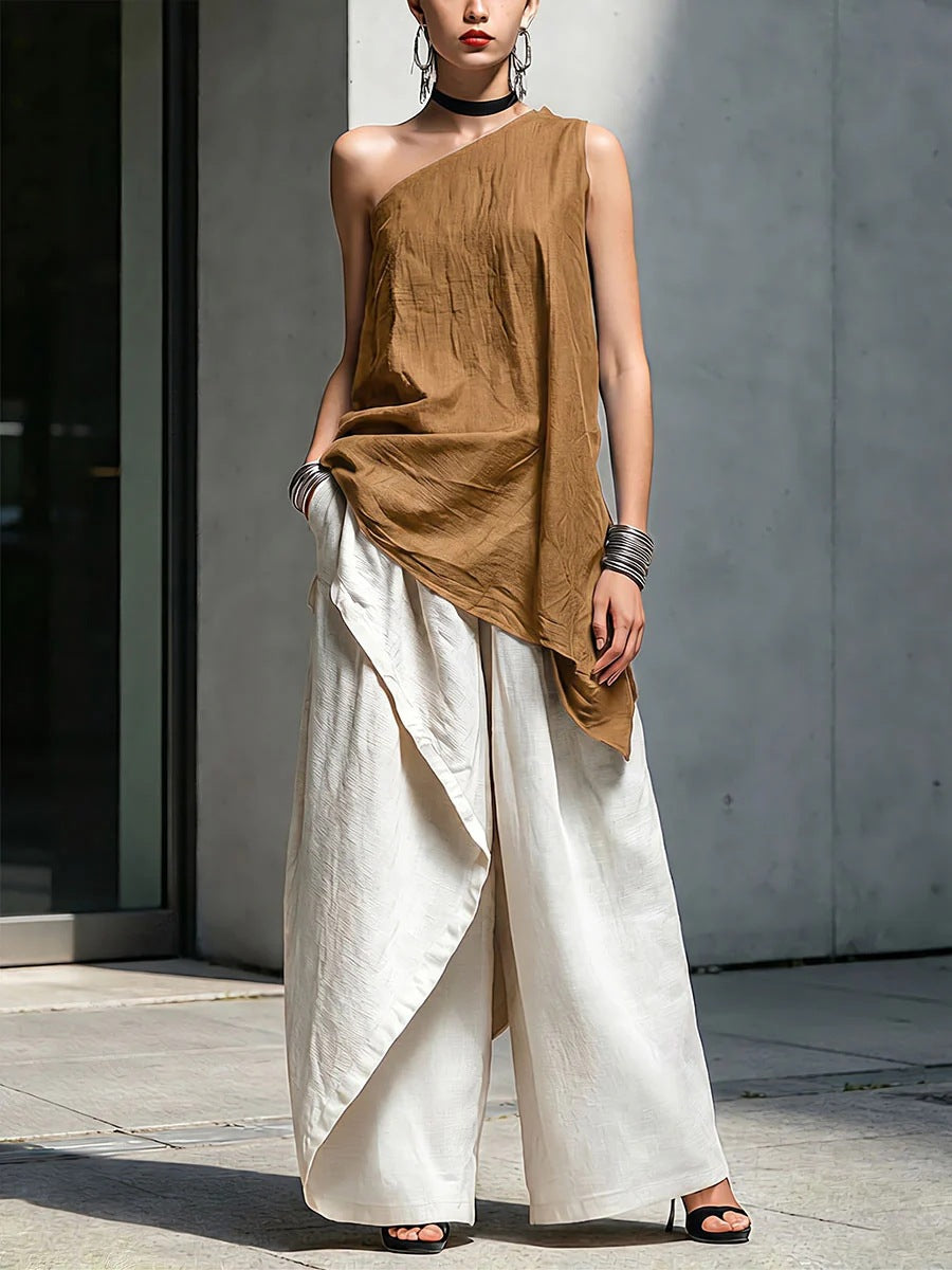 Women's Asymmetric Shoulder Cotton Linen Loose Leisure Tops