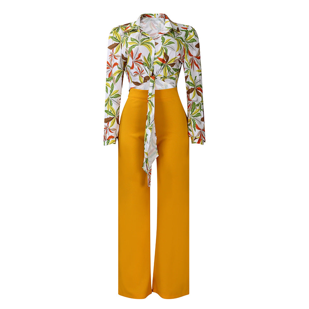 Women's Autumn Print Lapel Long Sleeve Shirt Wide Leg Two-piece Fashion Casual Suit