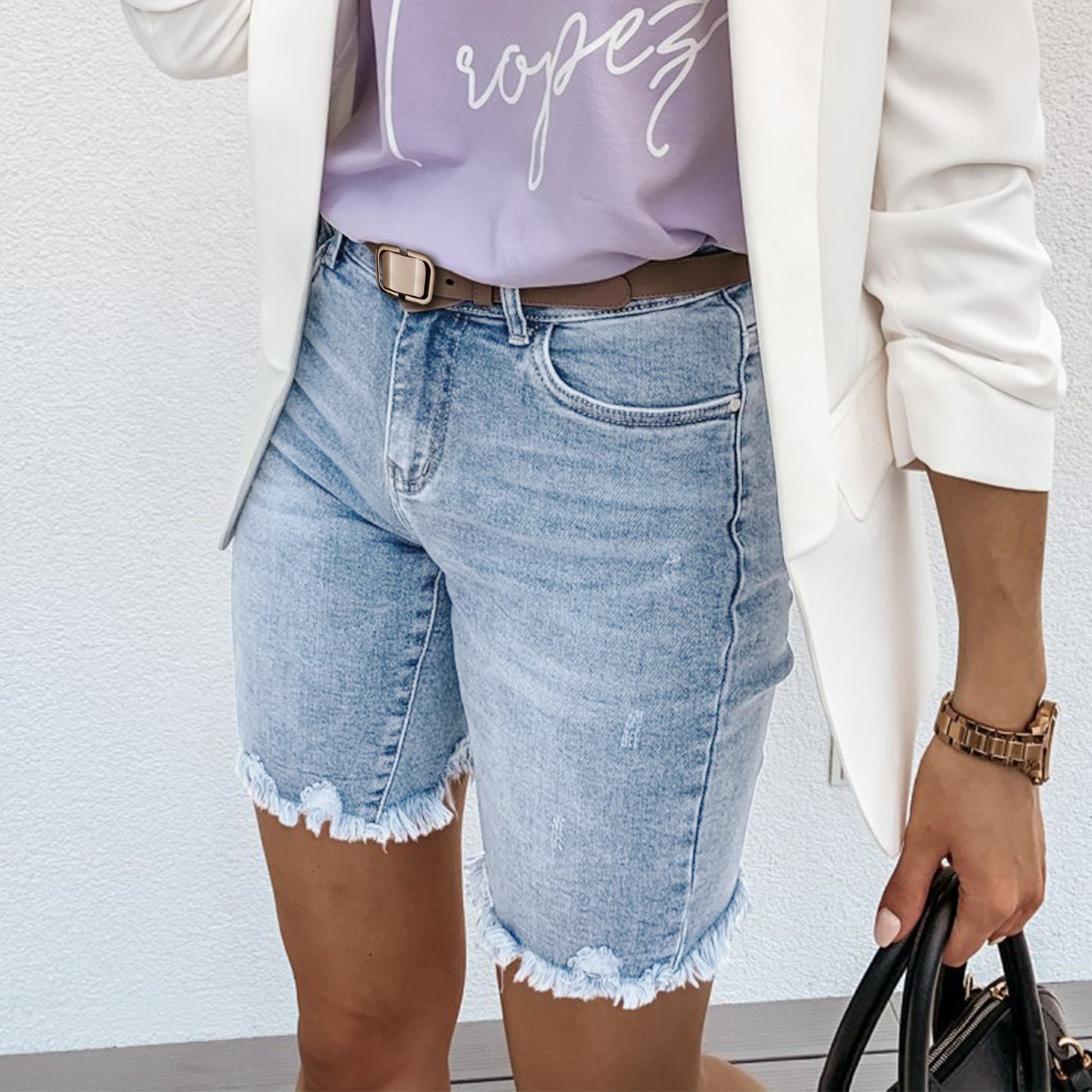 Women's Summer Denim With Hole Fifth Fashionable Frayed Hem Women's Jeans