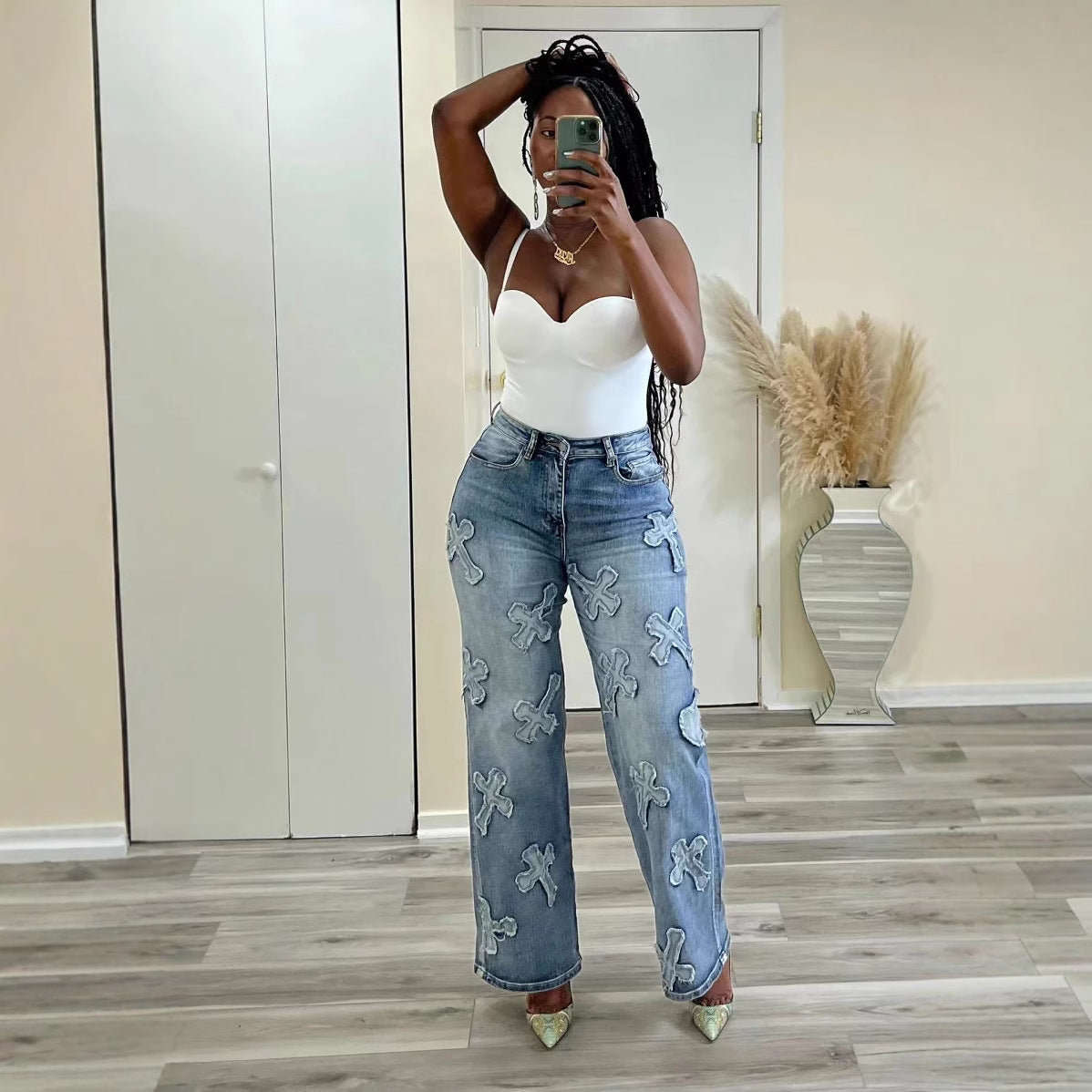 Women's Vintage Washed Denim Tassel Cross Patch Women's Jeans