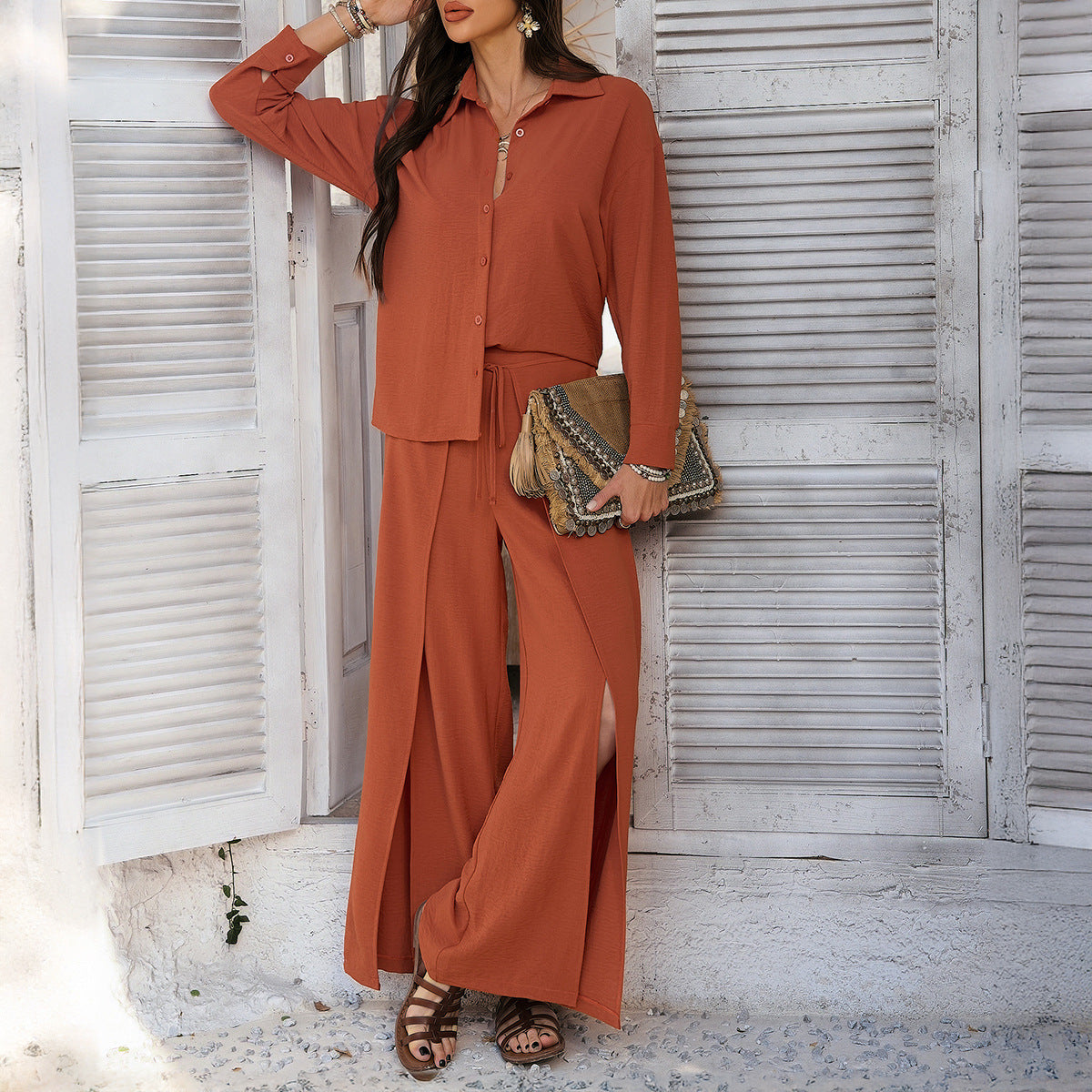Women's Vacation Style Solid Color Shirt Wide Leg Fashion Casual Suit