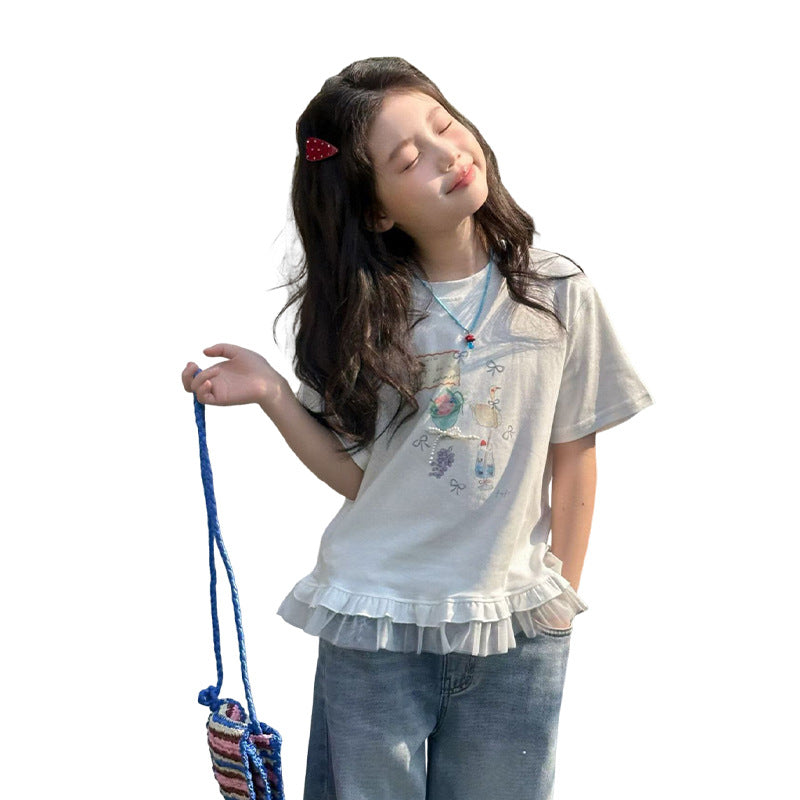 Children's Summer Short-sleeved Medium Big Fashionable Half-sleeve Pure Cotton Lace Bottoming Children's T-shirt