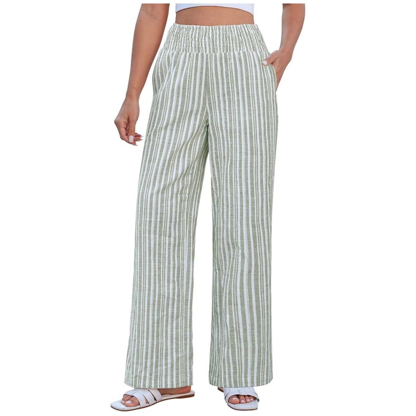Women's Striped Loose Smocking High Waist Casual Pants