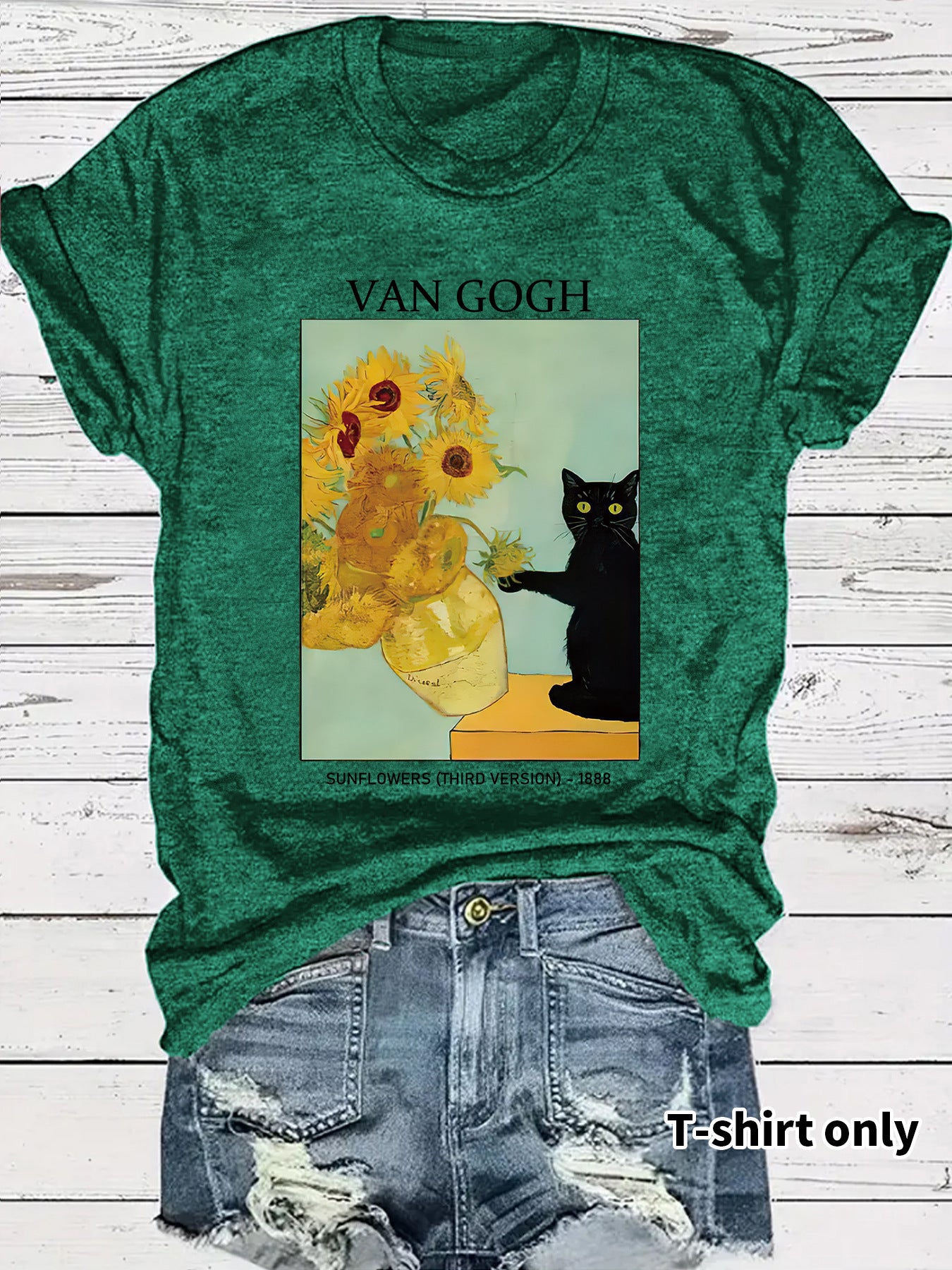 Women's Van Gogh Sunflower Cat Art Print Loose Casual Round Neck Women's T-shirt