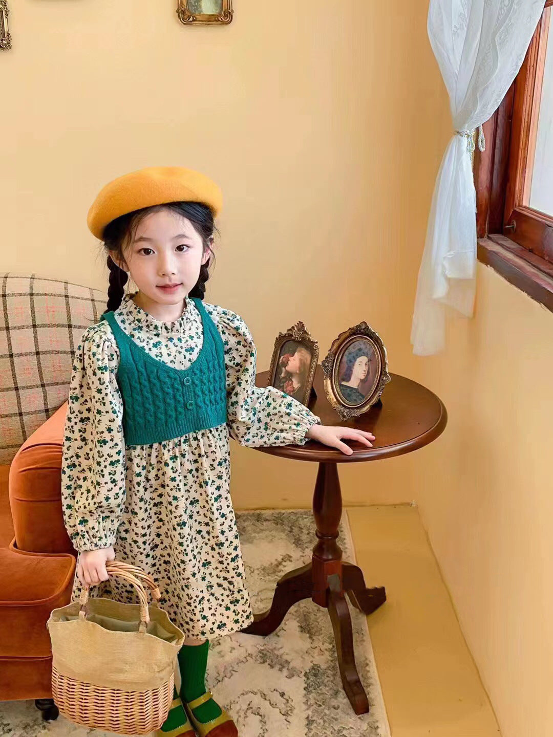 Autumn Korean Style Floral Skirt Wool Vest Two-piece Children's Dress