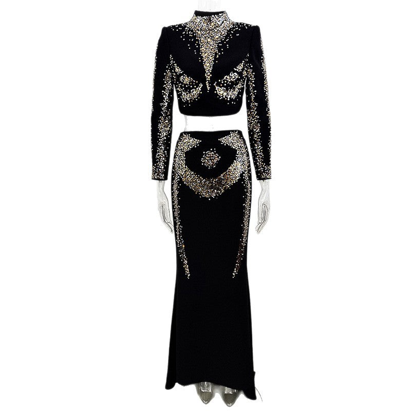 Embroidered Sequined Fishtail Mid-length Dress Set Fashion Casual Suit