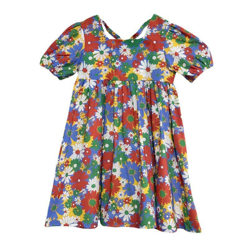 Summer Short Sleeve Printed Floral Skirt Medium Big Thin Wear Children's Dress