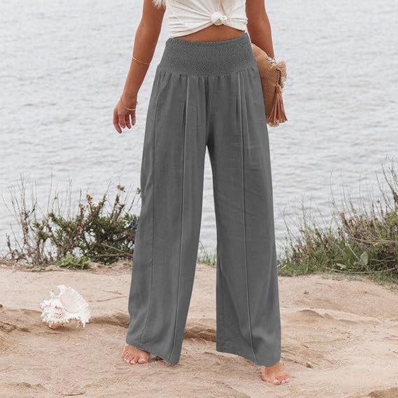Women's Solid Color Elastic Waist Wide Leg Trousers Casual Pants