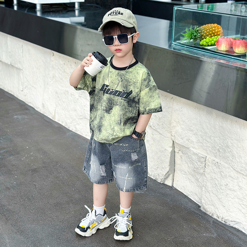 Children's Boy Summer Clothing Short-sleeved Thin Letter T-shirt Two-piece Children's Suit