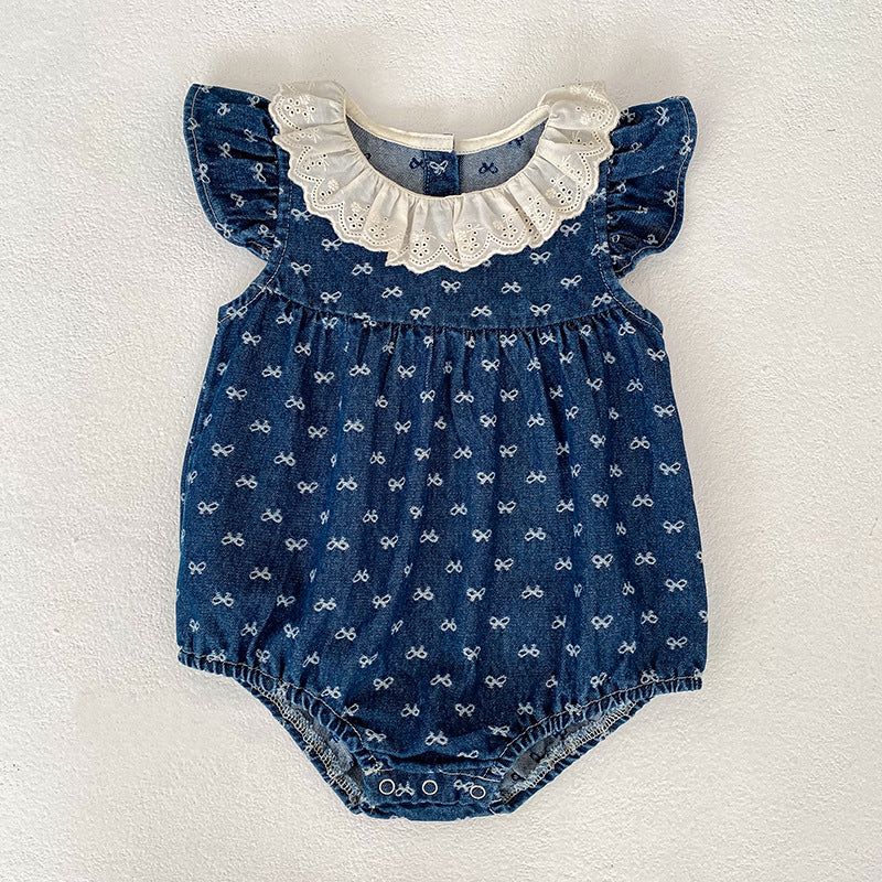 Summer Denim Bow Print Vest Crawling Suit Children's Dress