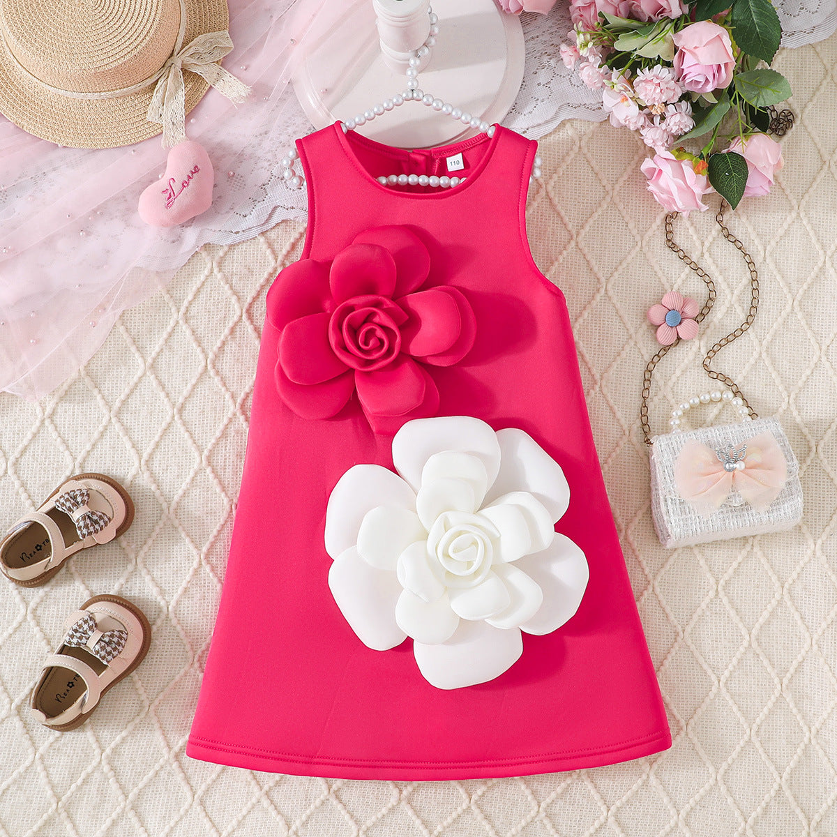 Light Luxury Three-dimensional Red White Flower Vest Children's Dress