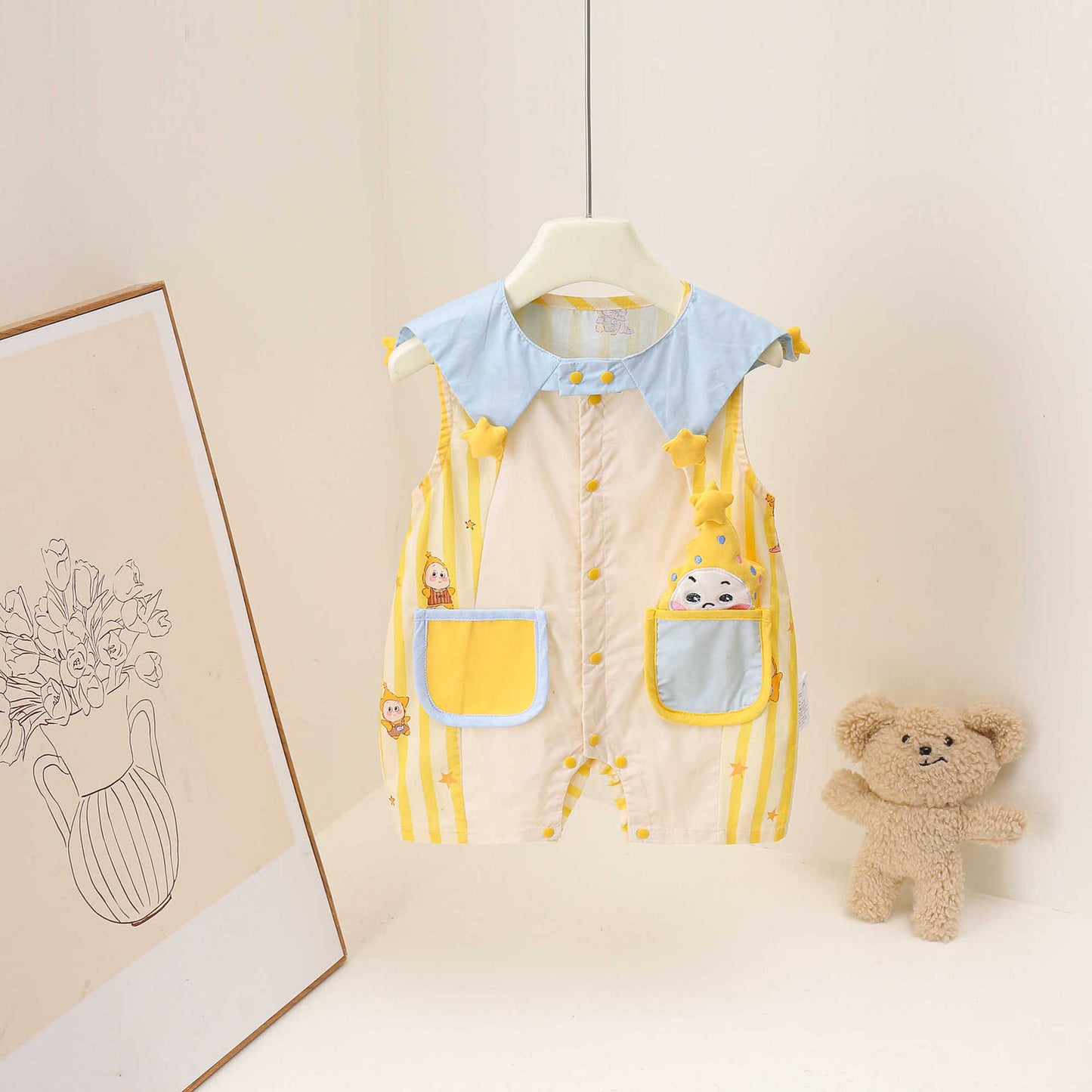 Cute Style Boy Cartoon Star Dream Blue Pocket Doll Short Jumpsuit, Climbing Suit