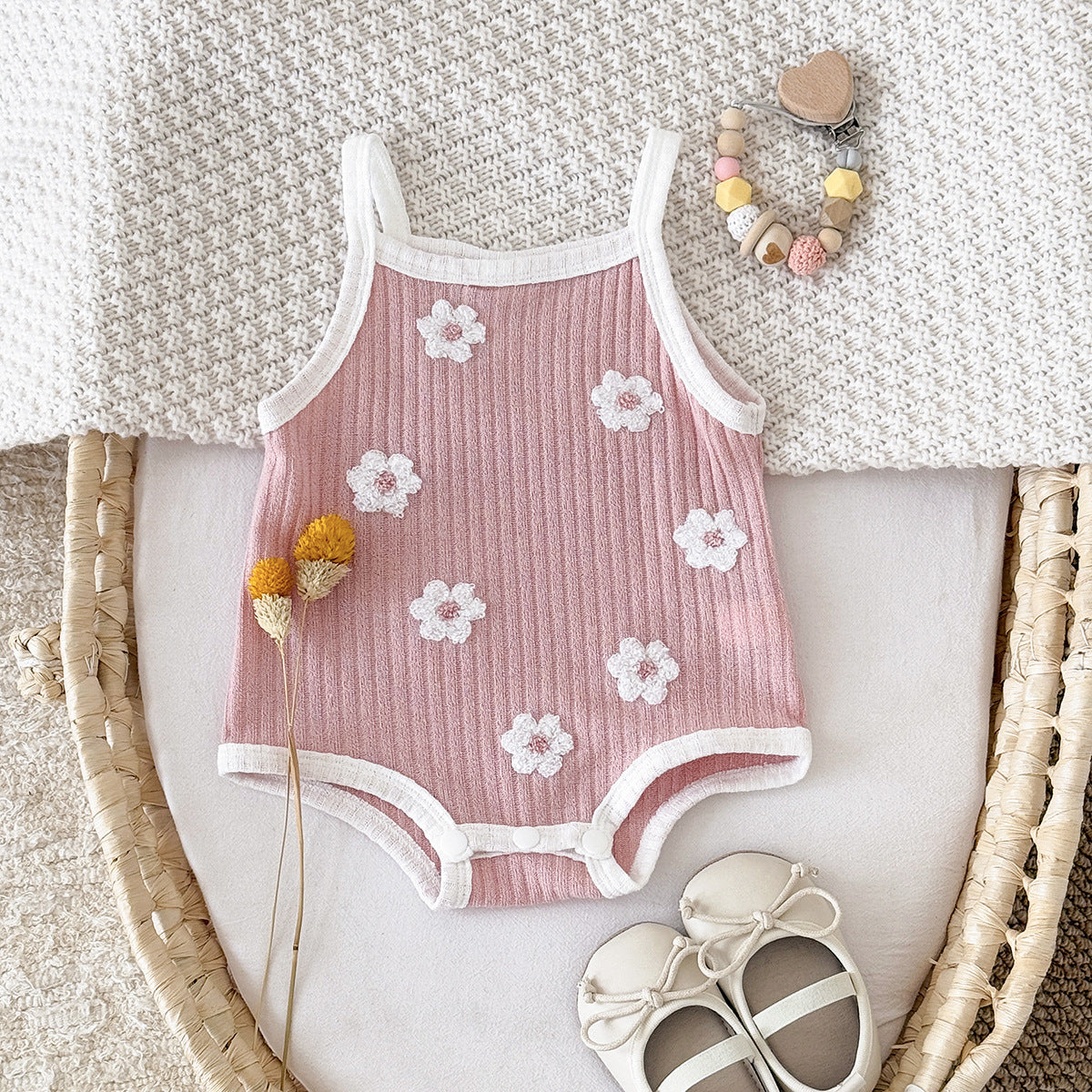 Floral Embroidered Romper Sling Breathable Summer Comfortable Square Collar Casual Jumpsuit, Climbing Suit