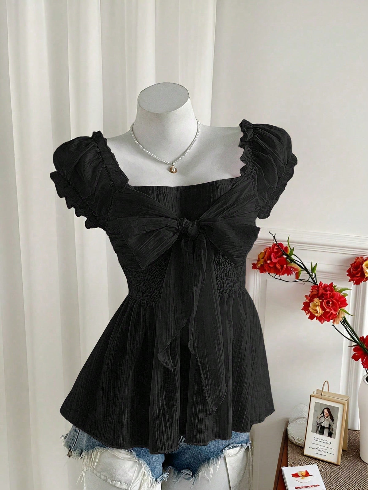 Sweet Fresh Bow Pleated Ruffle Sleeveless French Square Tops