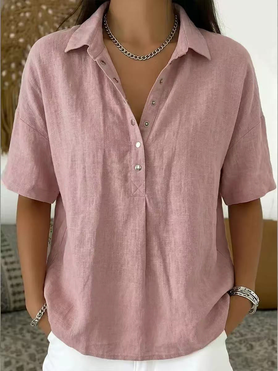 Women's Summer Loose Snap Fastener Lapel Sleeve Solid Color Women's T-shirt