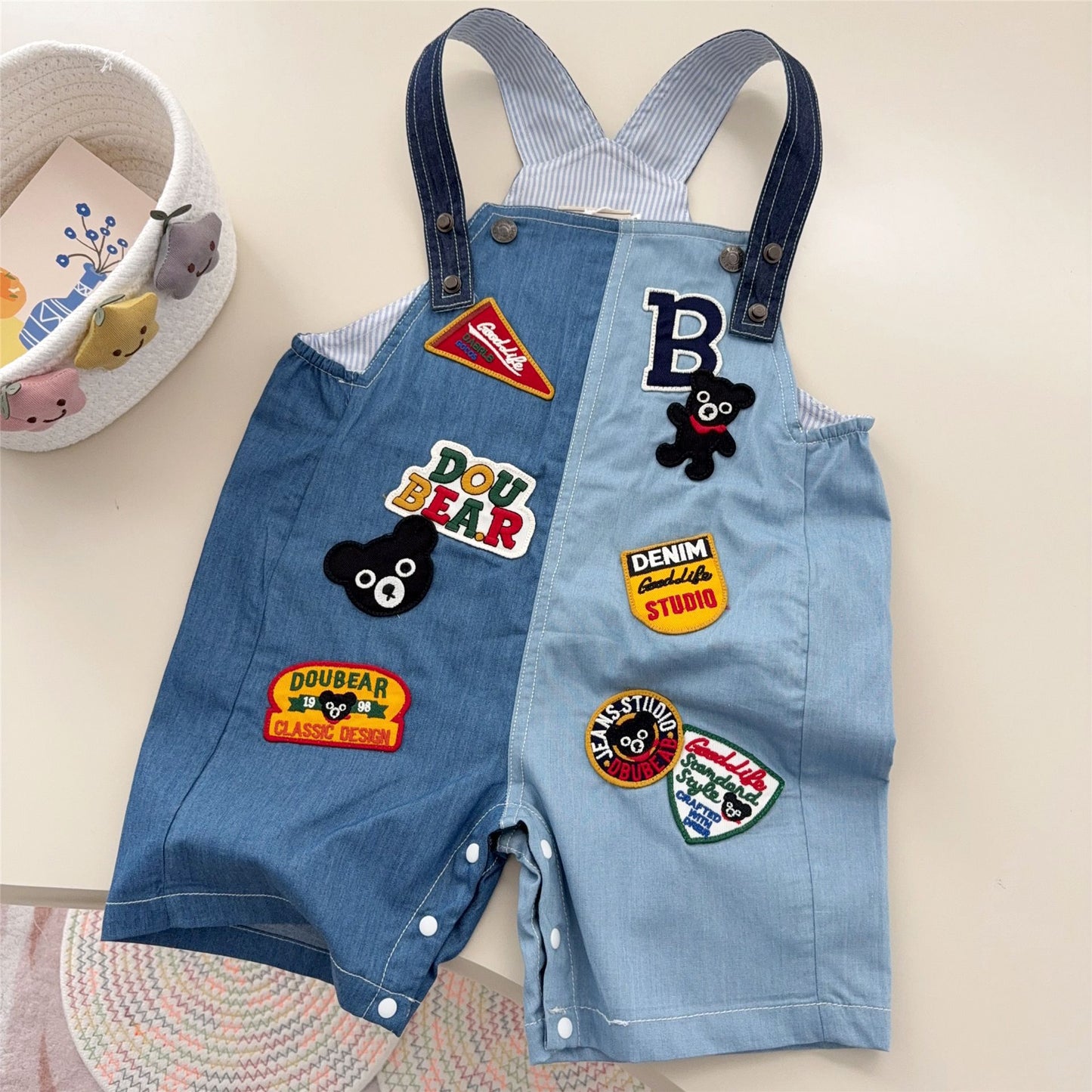 Children's Clothing Summer Cartoon Black Bear Letter Patch Stitching Suspender Children's Pants