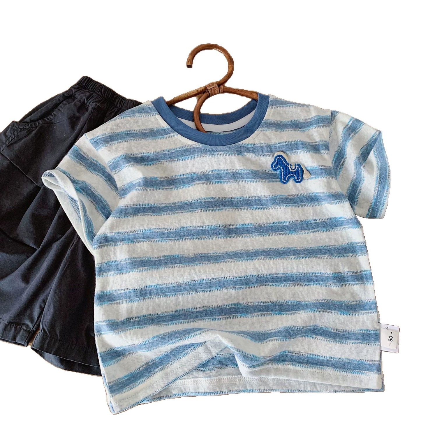 Men's & Children's Casual Striped Summer Boys Pony Embroidered Top Thin Children's T-shirt