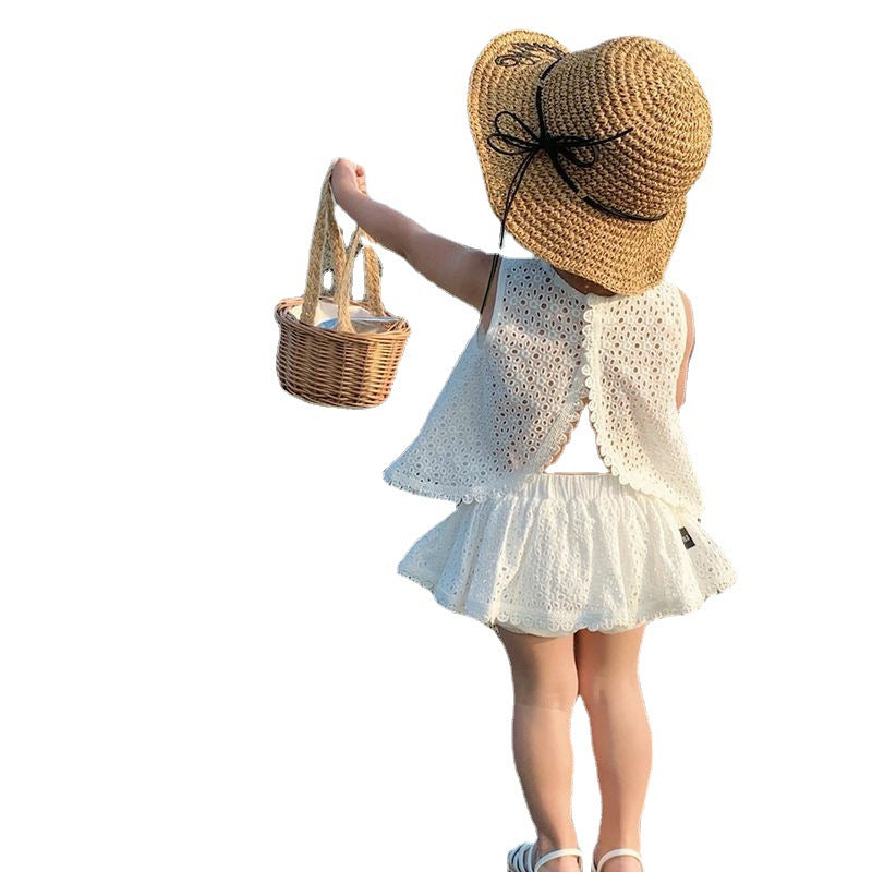 Summer Western Style Cool Popular Korean Hollow Lace Vest Short Children's Suit