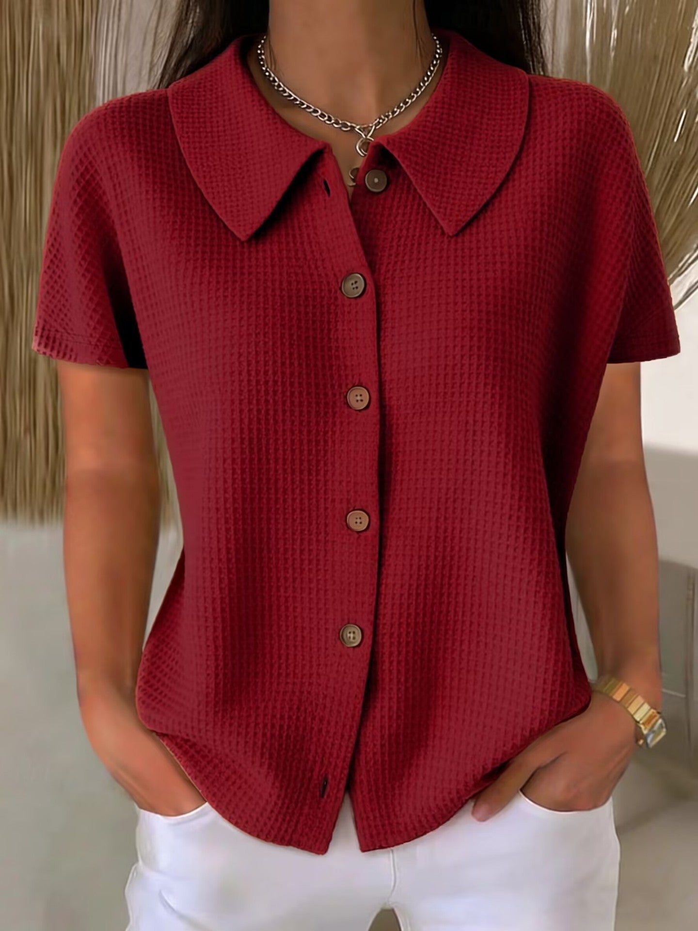 Fashion Elegant Lapel Waffle Solid Color Casual Sleeve Shorts